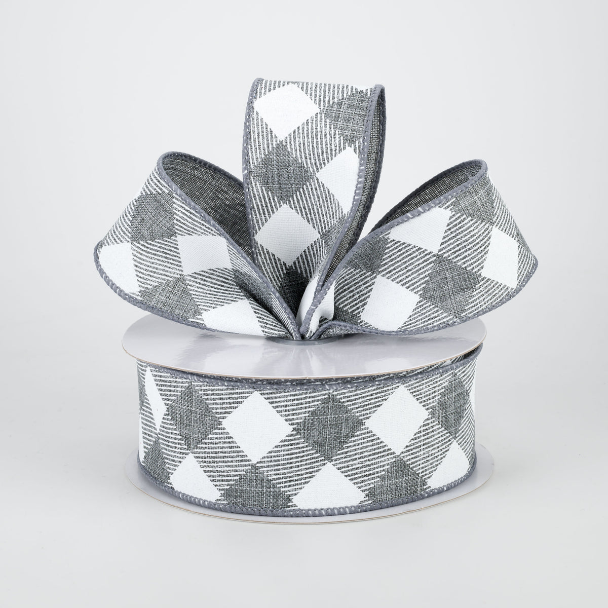 1.5" Diagonal Check Ribbon: Grey & White (10 Yards) Lifestyle Photo