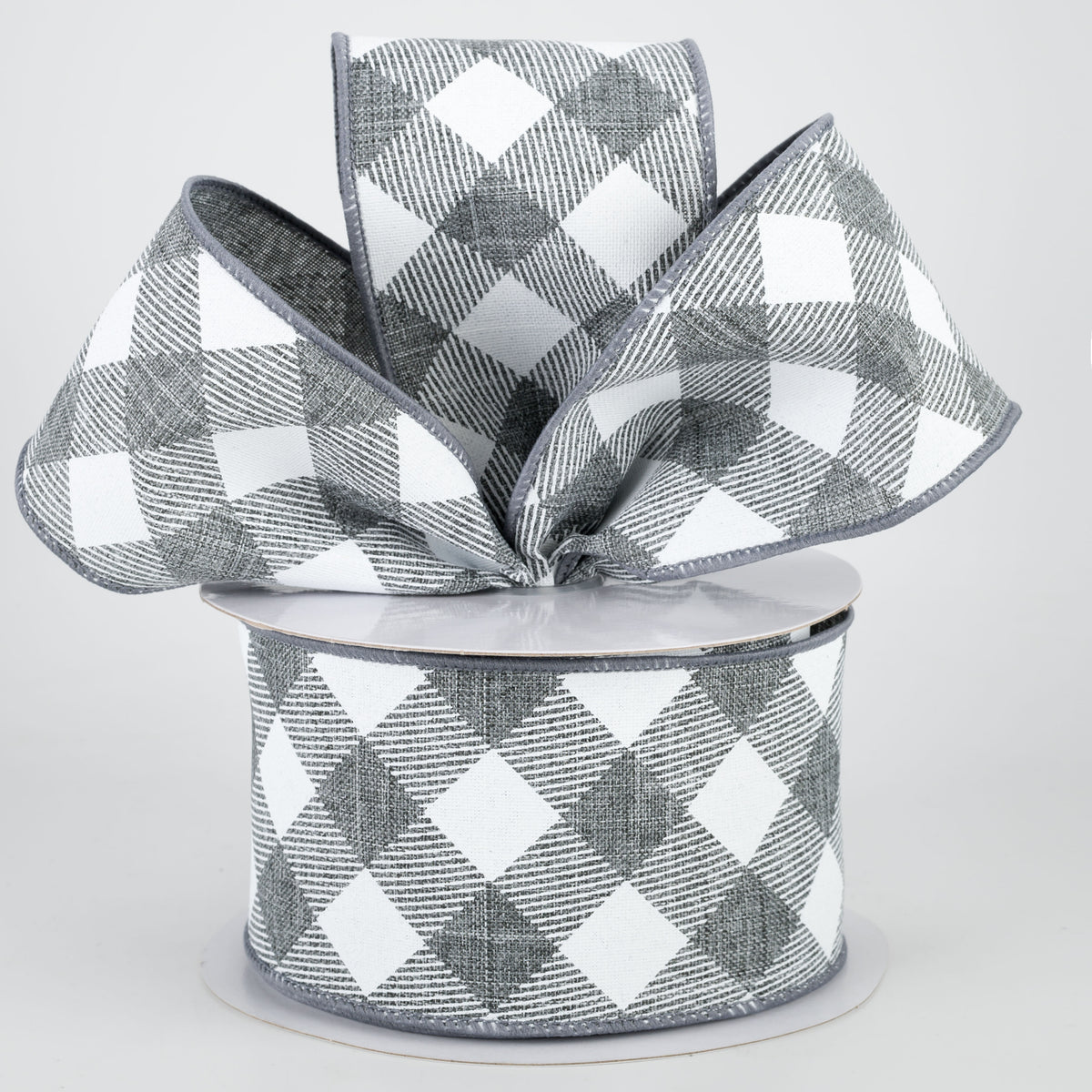 2.5" Diagonal Check Ribbon: Grey & White (10 Yards) Lifestyle Photo