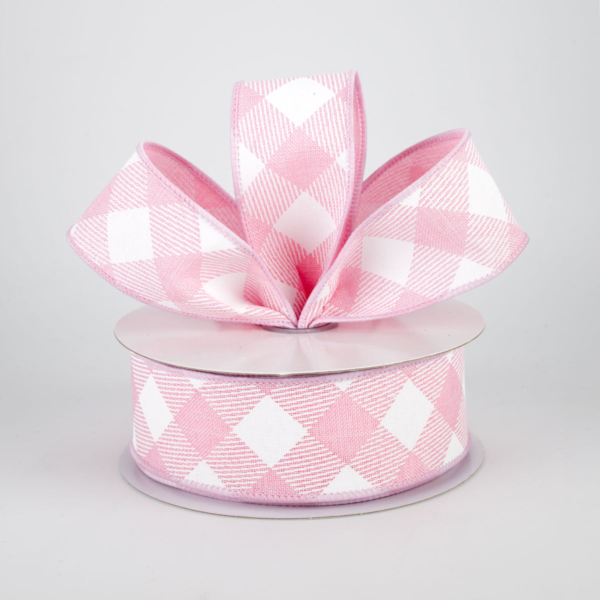1.5" Diagonal Check Ribbon: Light Pink & White (10 Yards) Lifestyle Photo