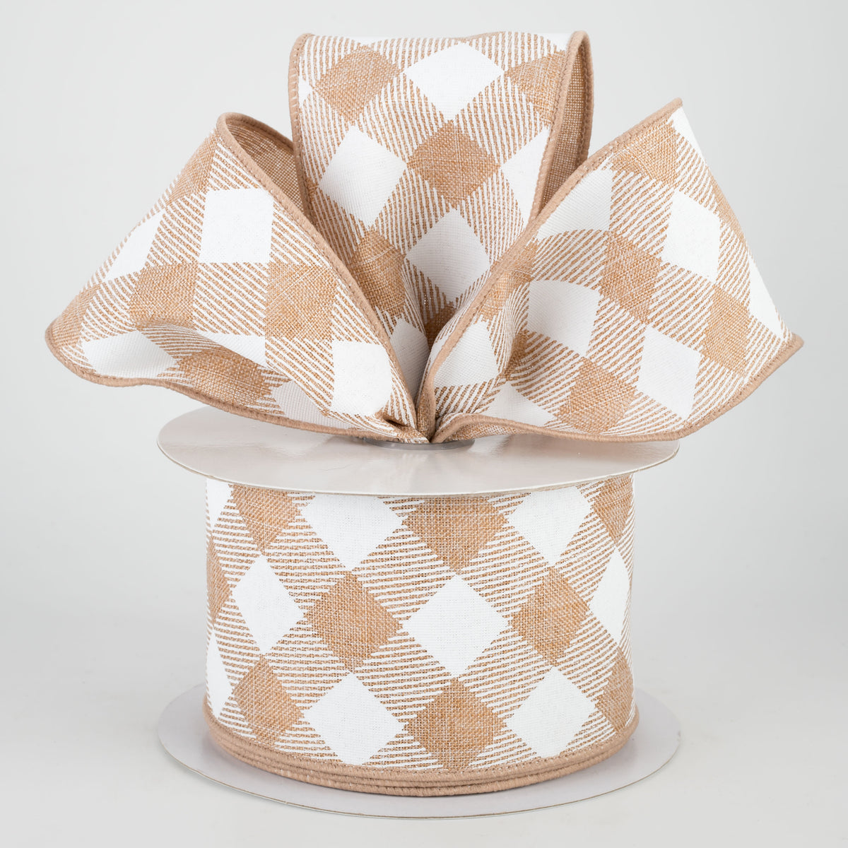 2.5" Diagonal Check Ribbon: Light Tan & White (10 Yards) Lifestyle Photo
