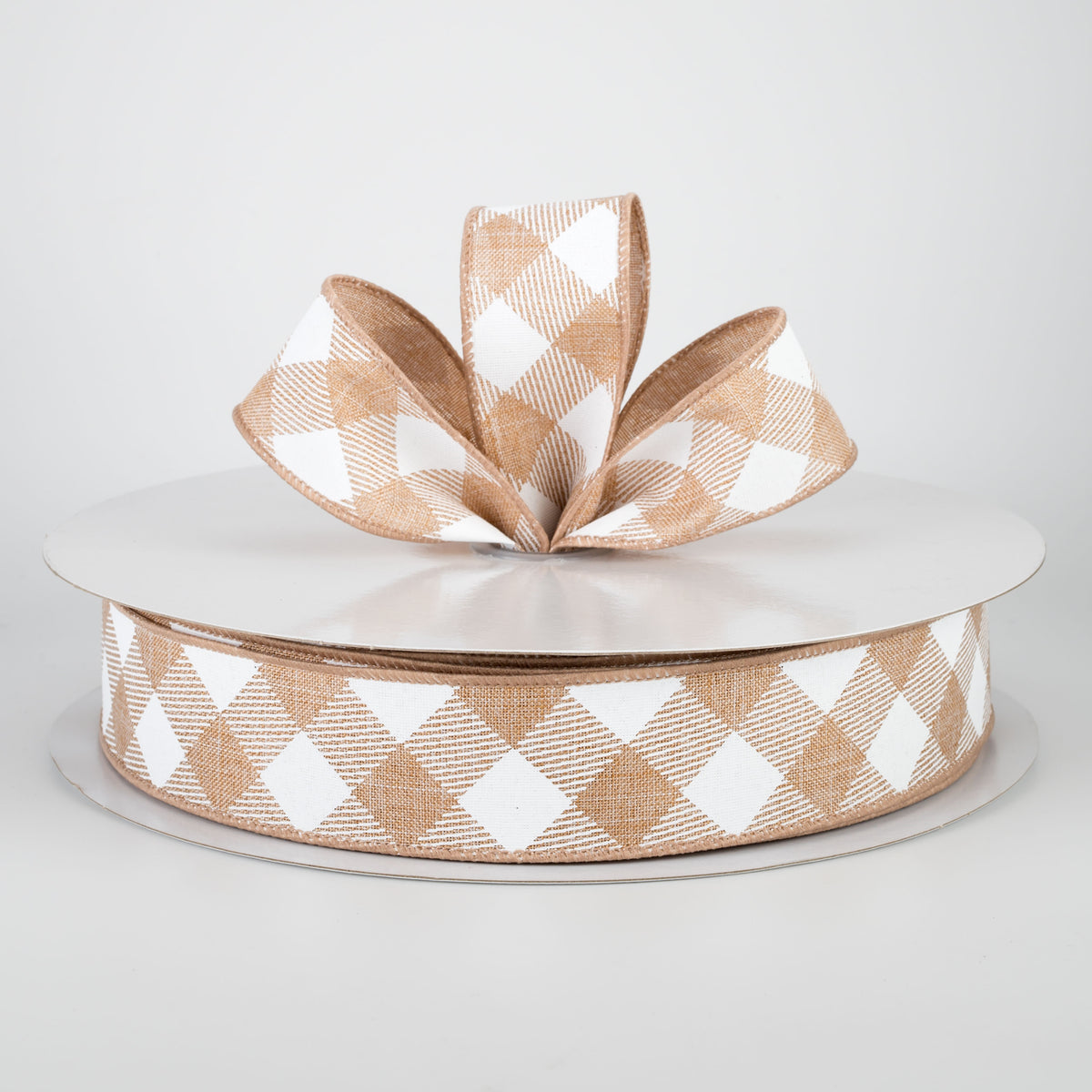 1.5" Diagonal Check Ribbon: Light Tan & White (50 Yards) Lifestyle Photo