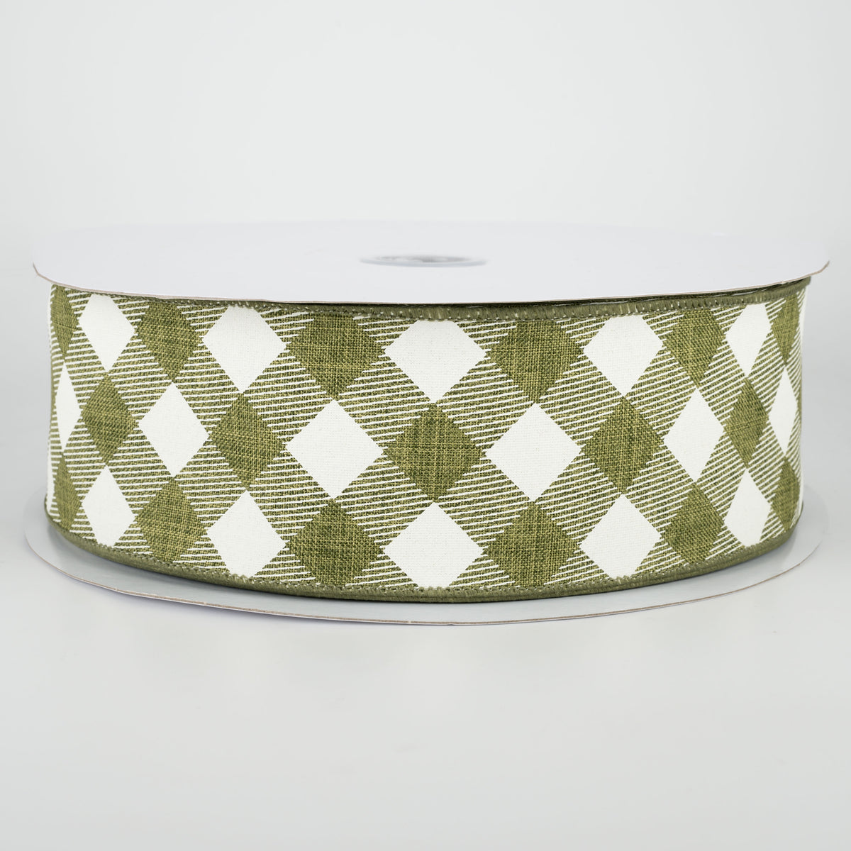 2.5" Diagonal Check Ribbon: Moss Green & Ivory (50 Yards)