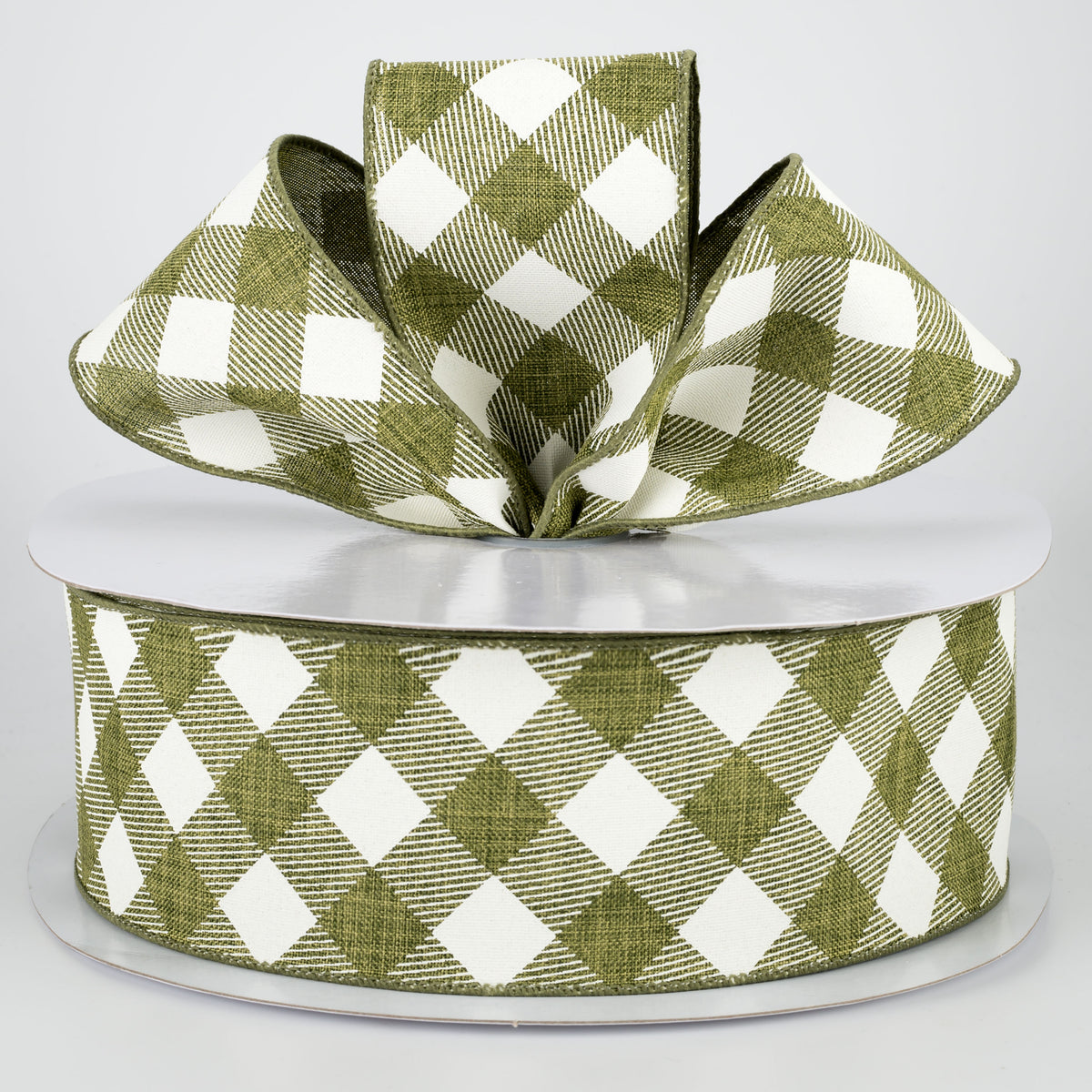 2.5" Diagonal Check Ribbon: Moss Green & Ivory (50 Yards) Lifestyle Photo