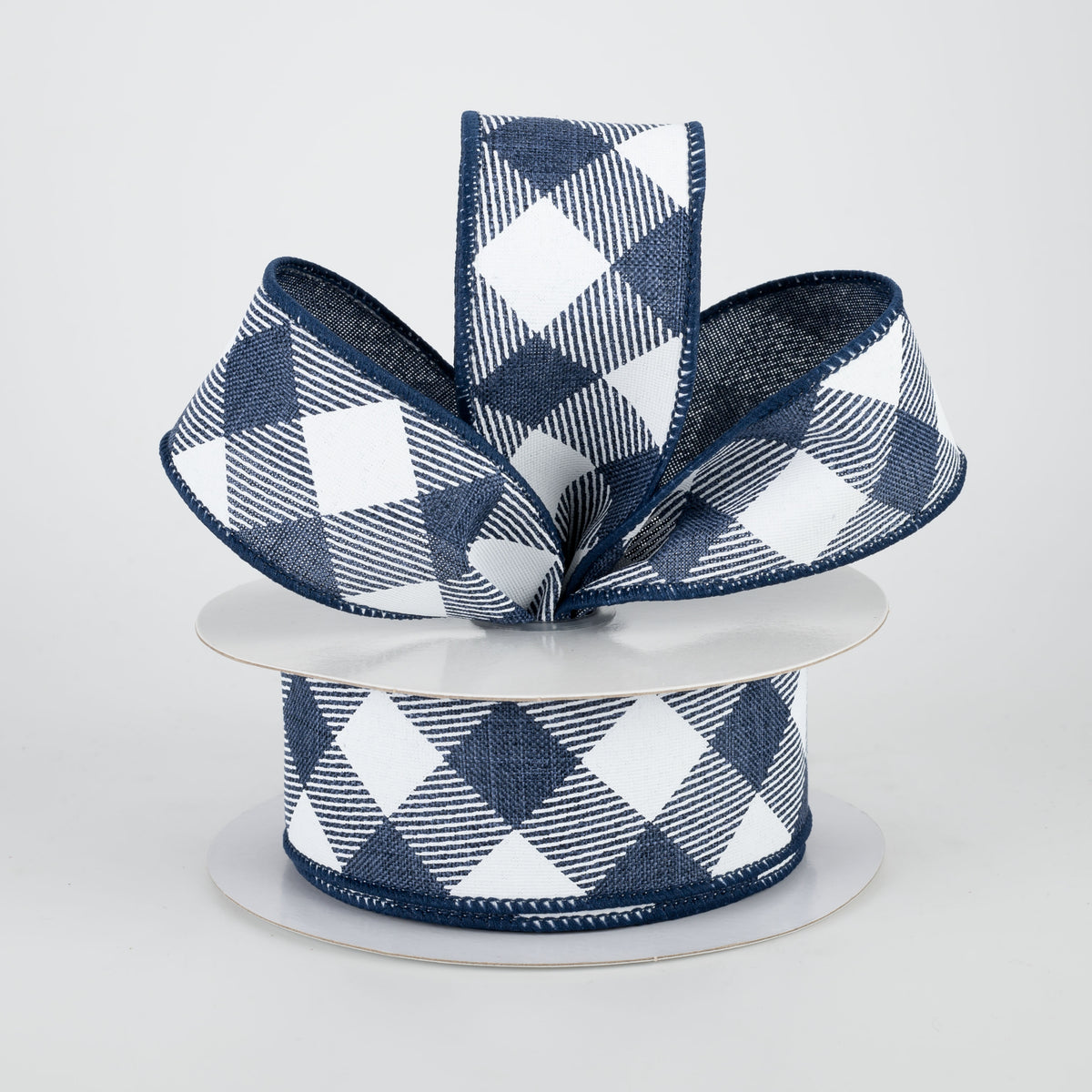 1.5" Diagonal Check Ribbon: Navy Blue & White (10 Yards) Lifestyle Photo