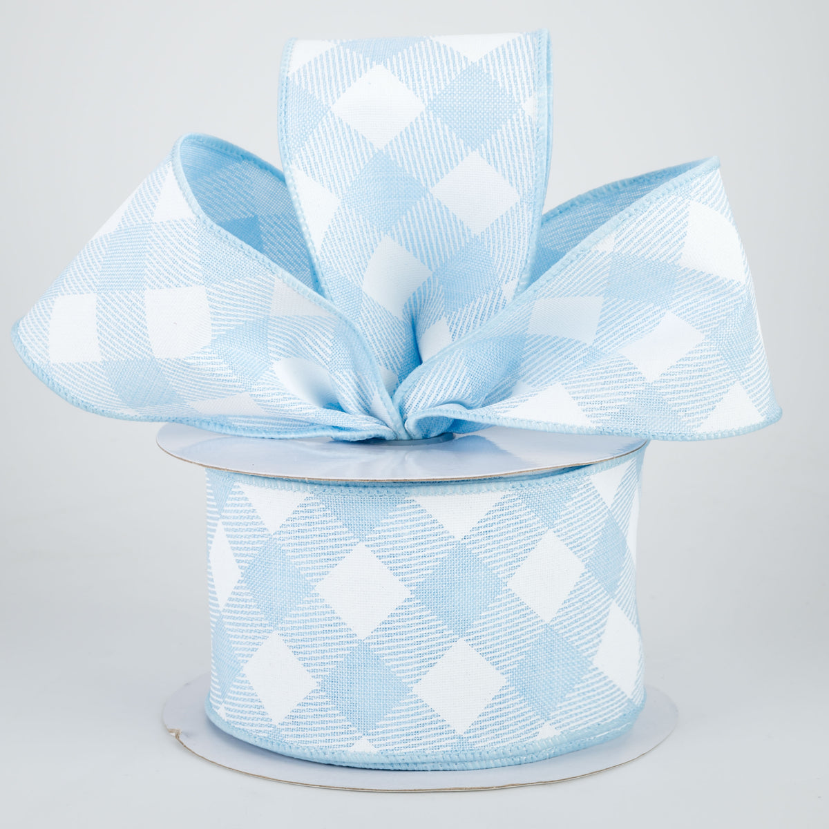 2.5" Diagonal Check Ribbon: Pale Blue & White (10 Yards) Lifestyle Photo