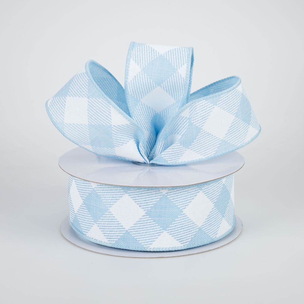 1.5" Diagonal Check Ribbon: Pale Blue & White (10 Yards) Lifestyle Photo
