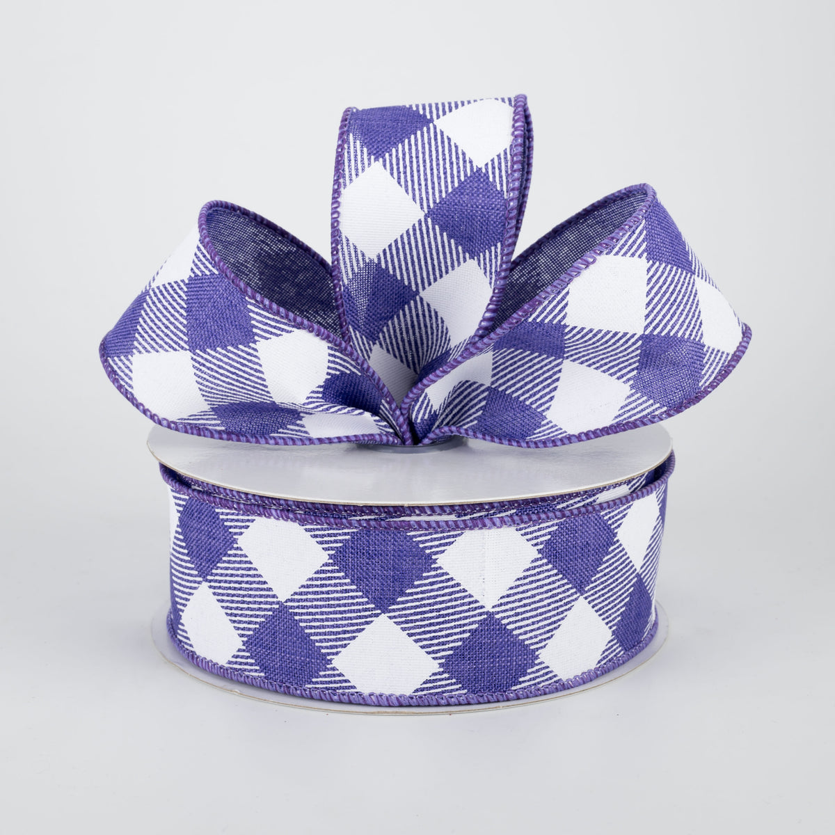1.5" Diagonal Check Ribbon: Purple & White (10 Yards) Lifestyle Photo