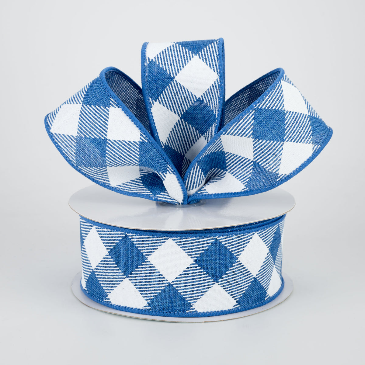 1.5" Diagonal Check Ribbon: Royal Blue & White (10 Yards) Lifestyle Photo