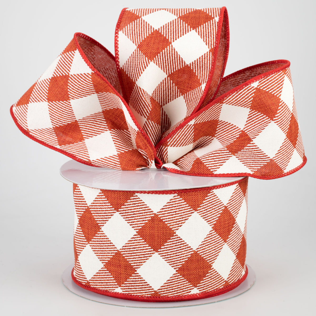 2.5" Diagonal Check Ribbon: Rust & Ivory (10 Yards) Lifestyle Photo