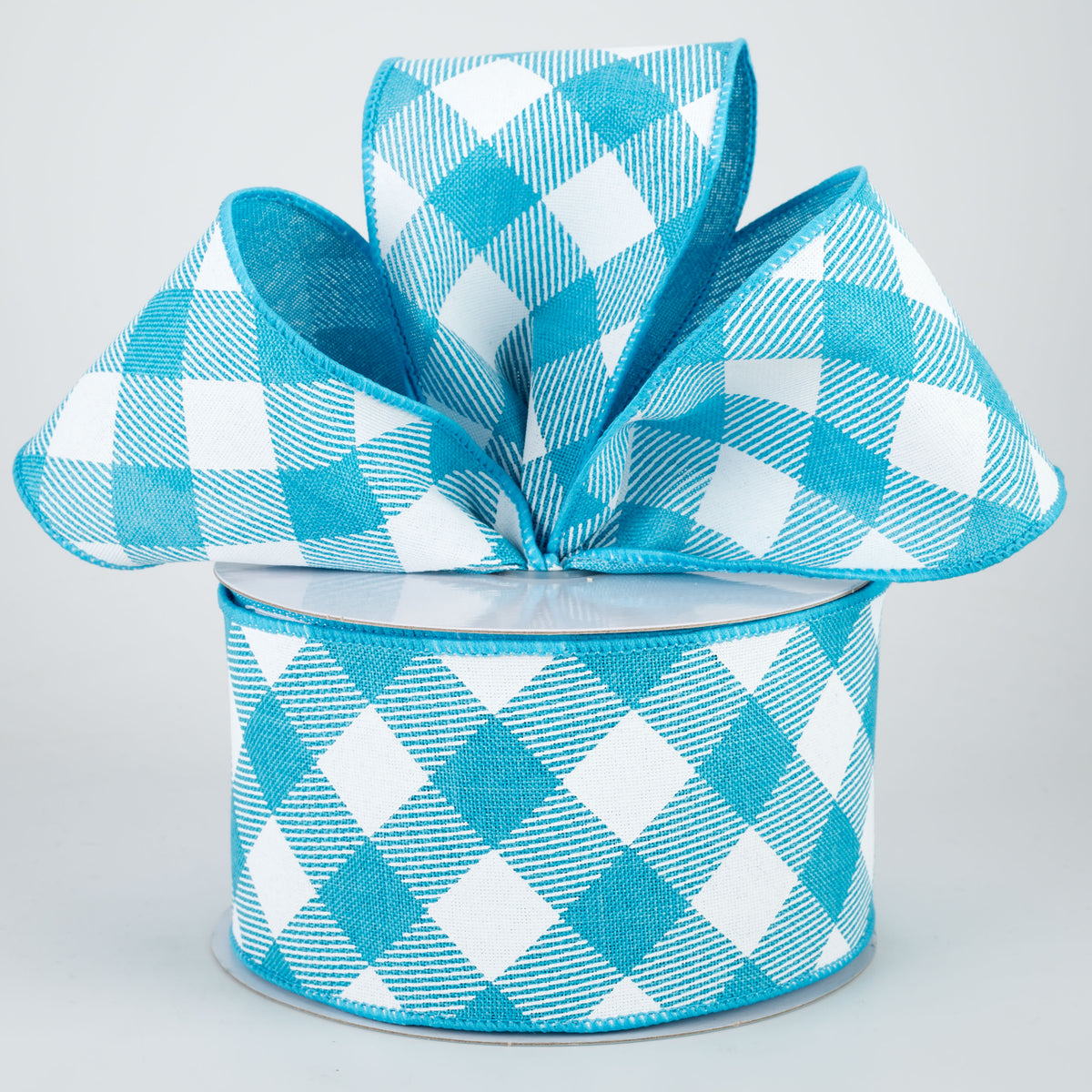 2.5" Diagonal Check Ribbon: Turquoise & White (10 Yards) Lifestyle Photo