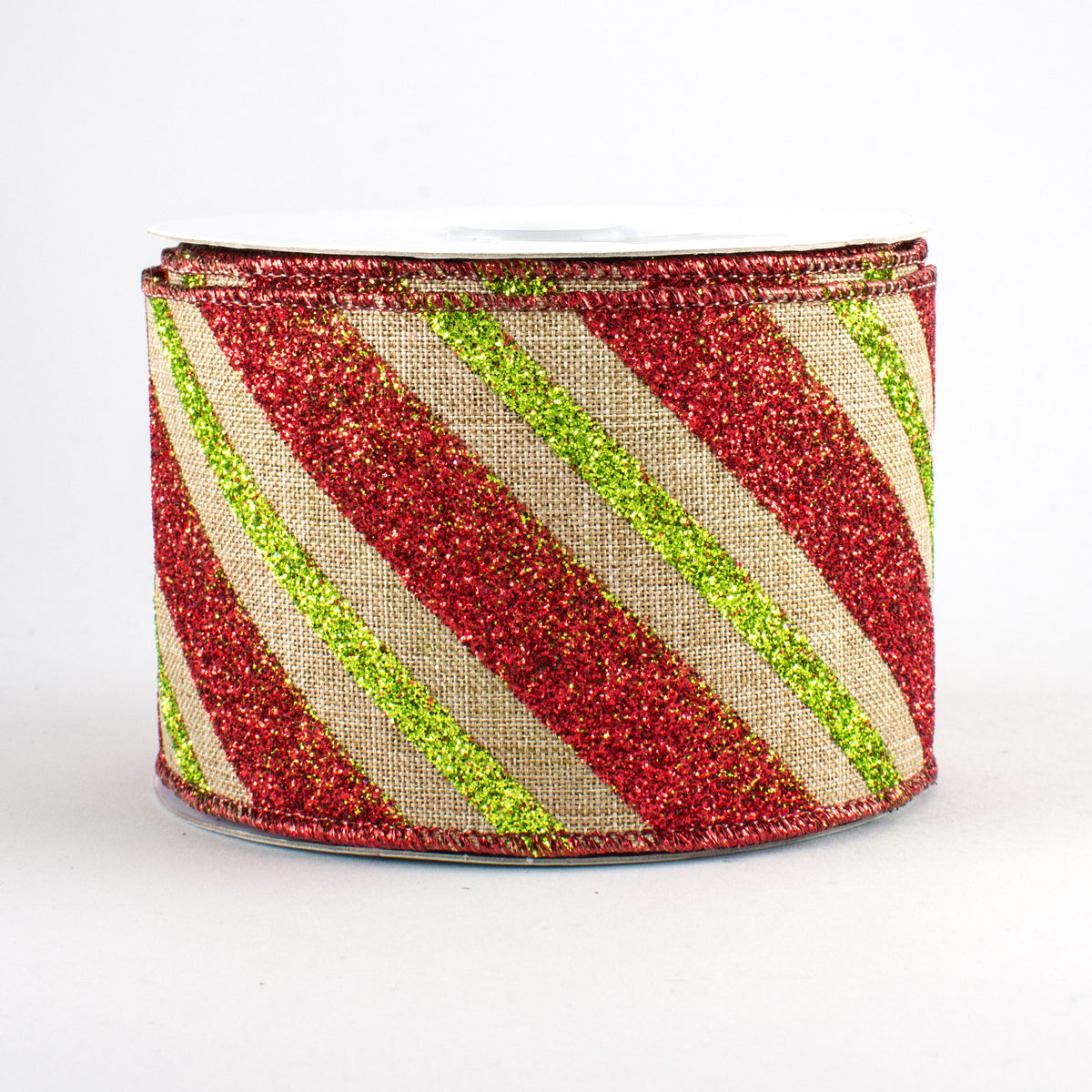 2.5" Diagonal Glitter Stripe Faux Canvas Ribbon: Lime & Red (10 Yards)