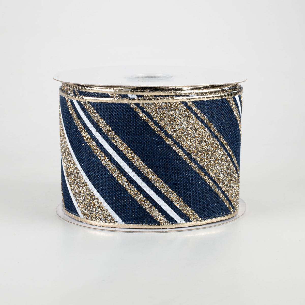 2.5" Diagonal Glitter Stripe Ribbon: Navy, Champagne Gold, White (10 Yards)