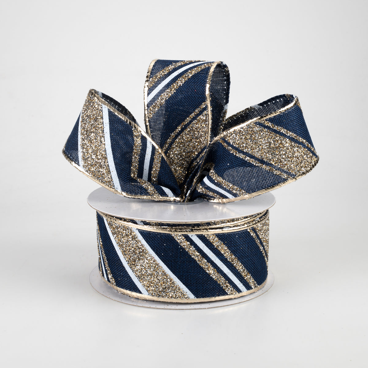 1.5" Diagonal Glitter Stripe Ribbon: Navy, Champagne Gold, White (10 Yards) Lifestyle Photo