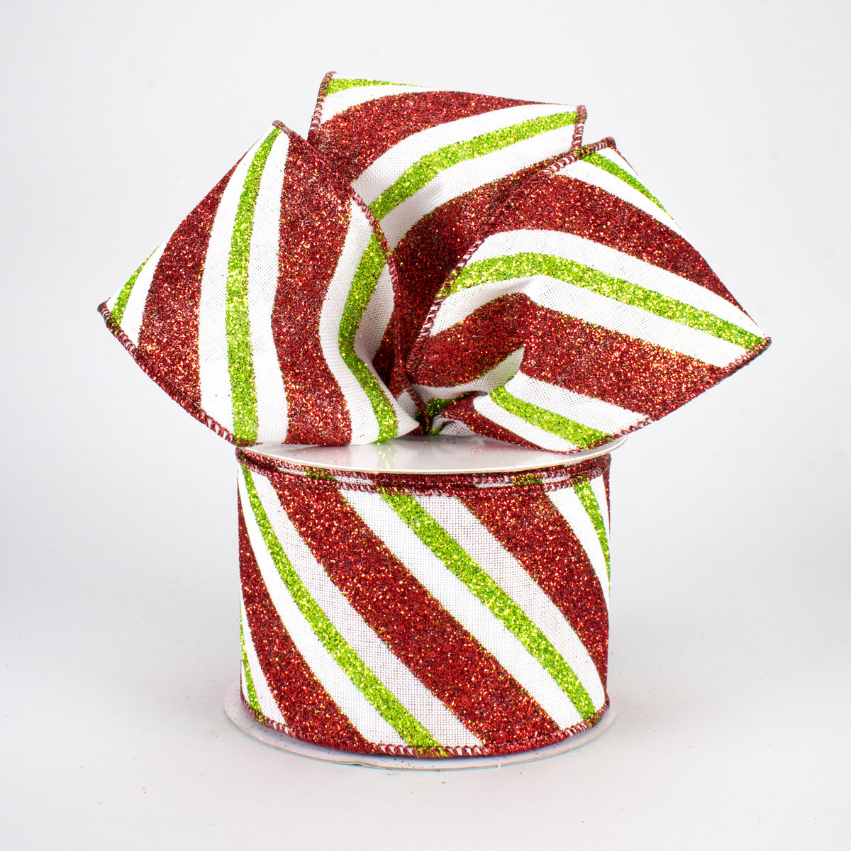 2.5" Diagonal Glitter Stripe Ribbon: White, Red, Lime (10 Yards) Lifestyle Photo