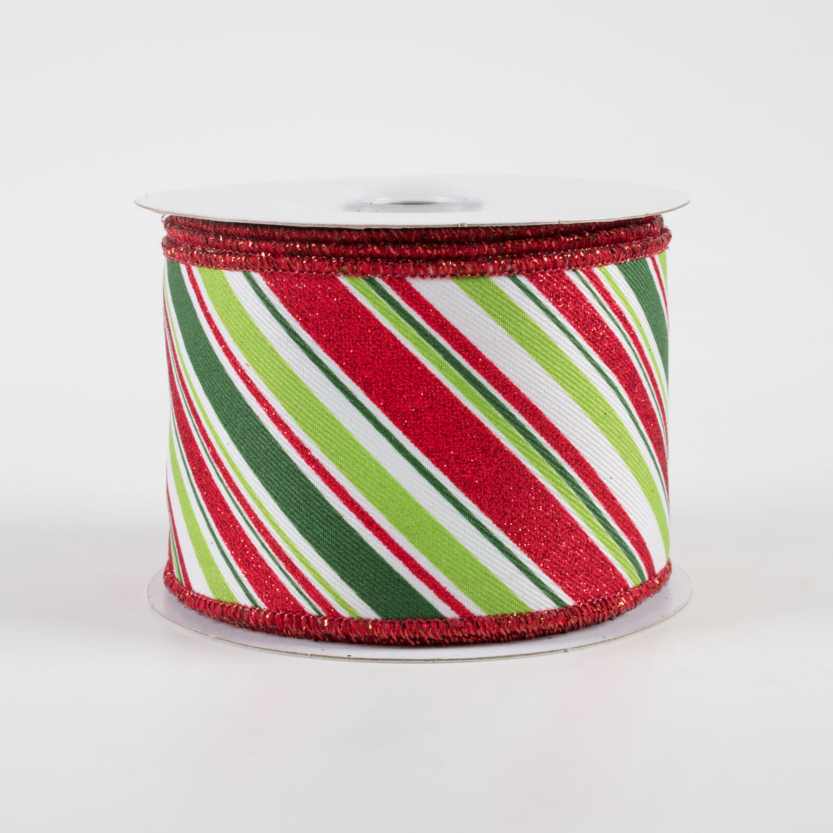 2.5" Diagonal Stripe Ribbon: White, Emerald, Lime, Red (10 Yards)