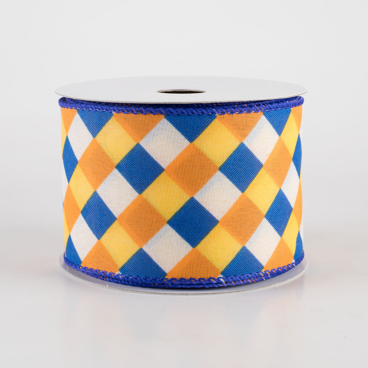 2.5" Diagonal Stripes Ribbon: Royal, Orange & Sunflower on Ivory (10 Yards) Item Number: 61420-40-25
