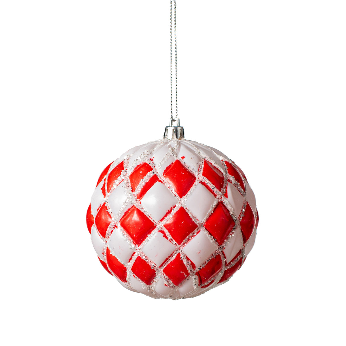 4" Diamond Pattern Ball Ornament: Red & White Item Number: 84404RDWT