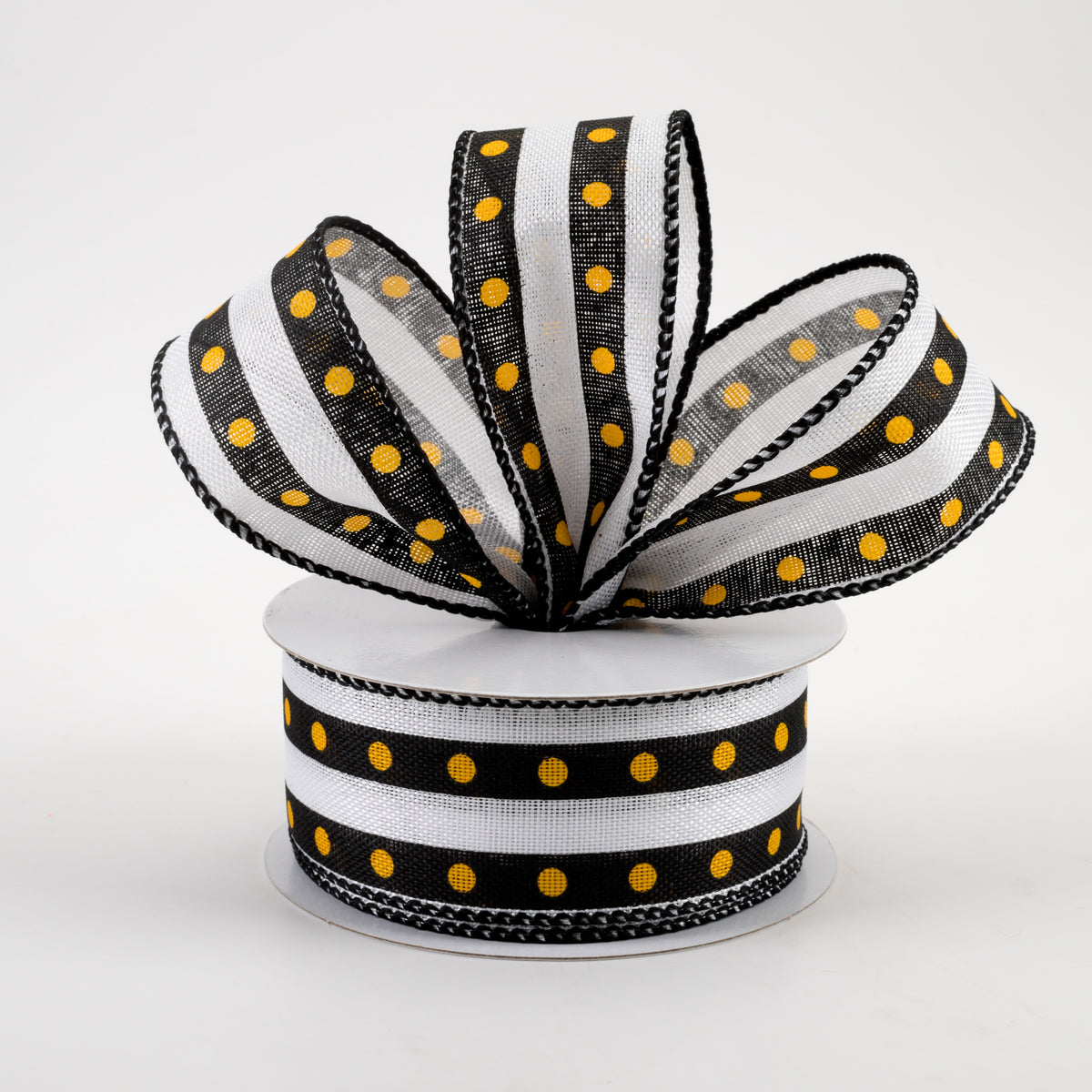 1.5" Dot Stripe Linen Ribbon: Black, White, Yellow (10 Yards) Lifestyle Photo