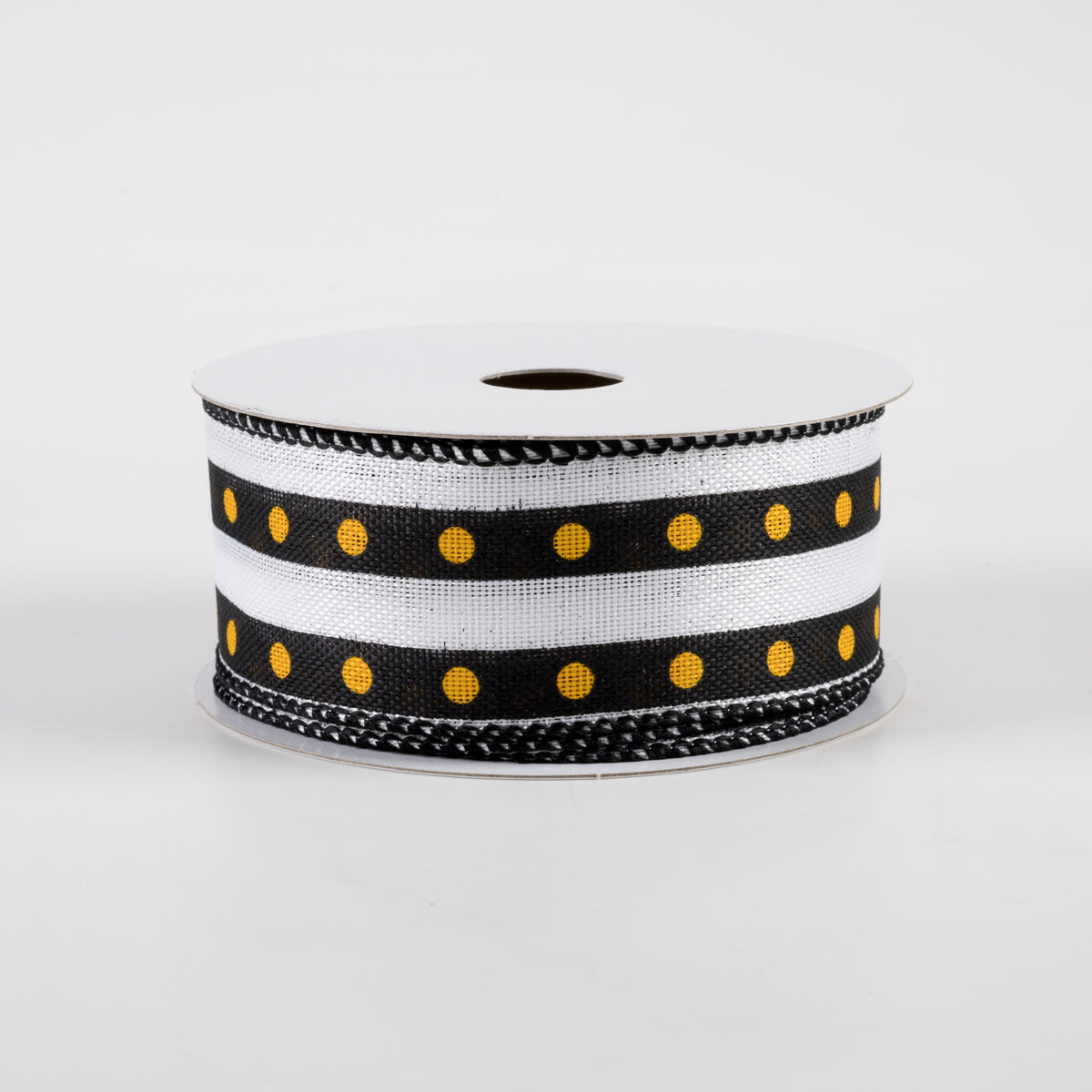 1.5" Dot Stripe Linen Ribbon: Black, White, Yellow (10 Yards)