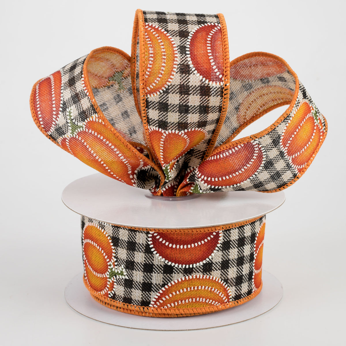 1.5" Dotted Pumpkin Check Ribbon: Black & Natural (10 Yards) Lifestyle Photo