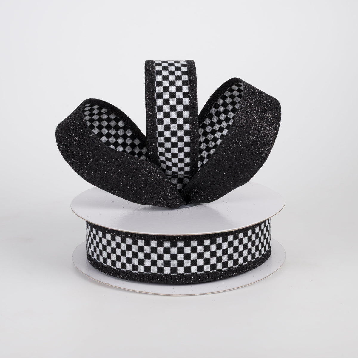 1" Double Sided Black & White Check Glitter Ribbon: Black (10 Yards) Lifestyle Photo