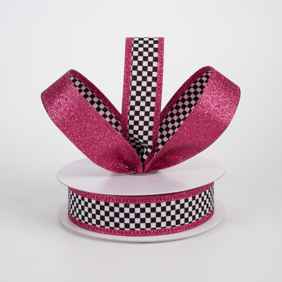 1" Double Sided Black & White Check Glitter Ribbon: Fuchsia Pink (10 Yards) Lifestyle Photo