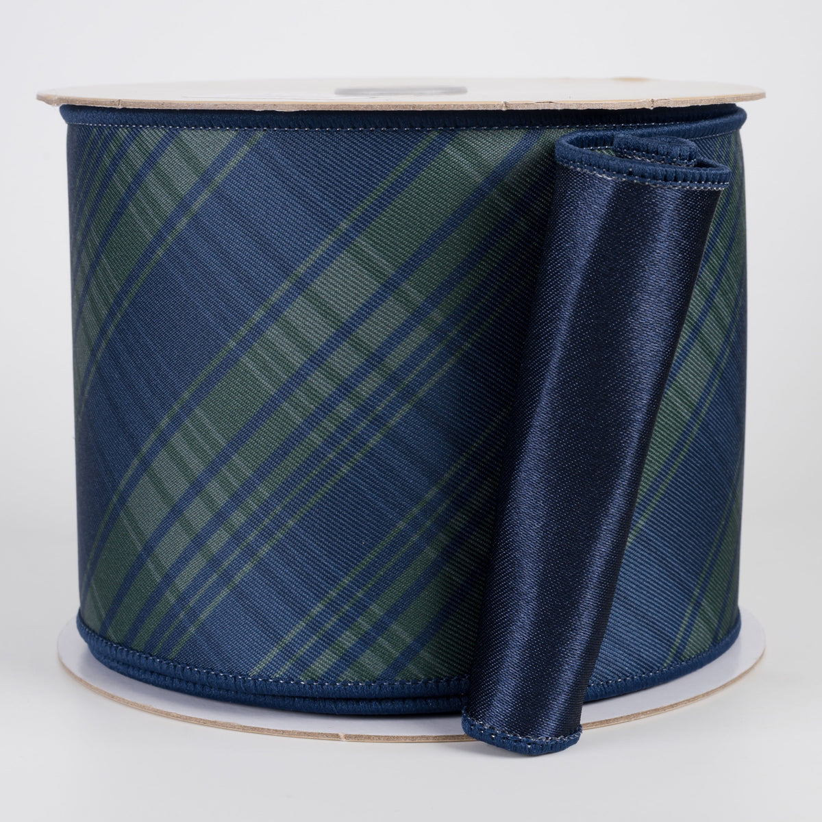 4" Double Sided Fused Bias Plaid Ribbon: Preppy Navy & Green (10 Yards) Item Number: LX130073