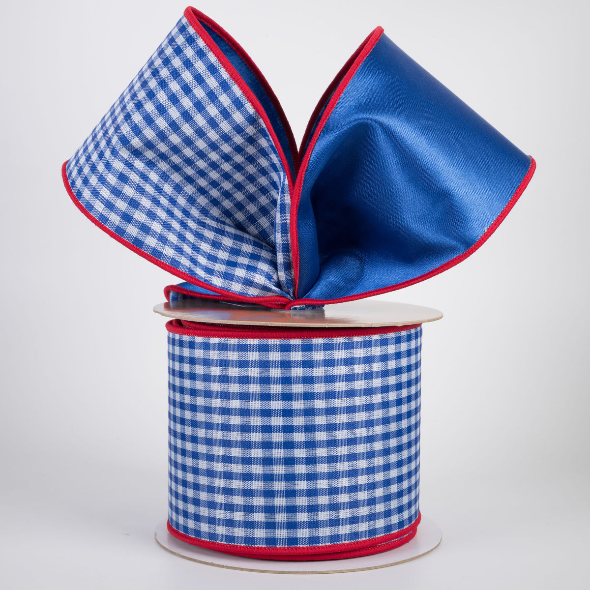 4" Double Sided Fused Check & Satin Ribbon: Blue, White & Red (10 Yards) Lifestyle Photo