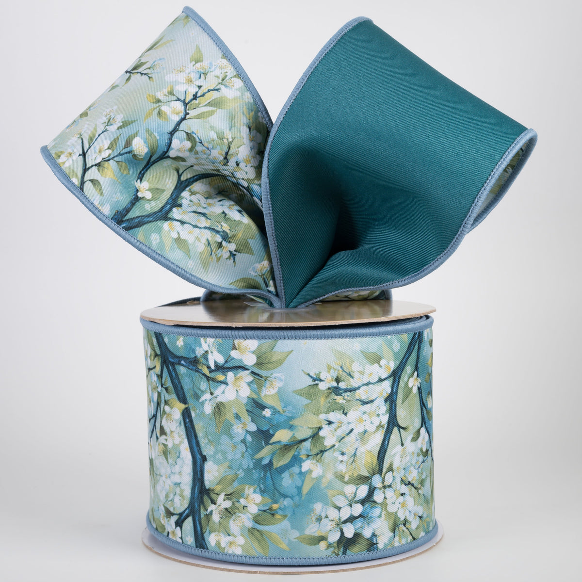 4" Double Sided Fused Cherry Blossoms Ribbon: Teal (10 Yards) Lifestyle Photo