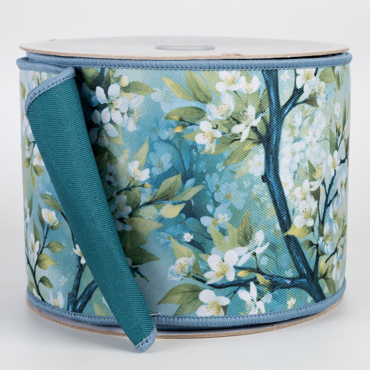 4" Double Sided Fused Cherry Blossoms Ribbon: Teal (10 Yards) Item Number: LX1266H2