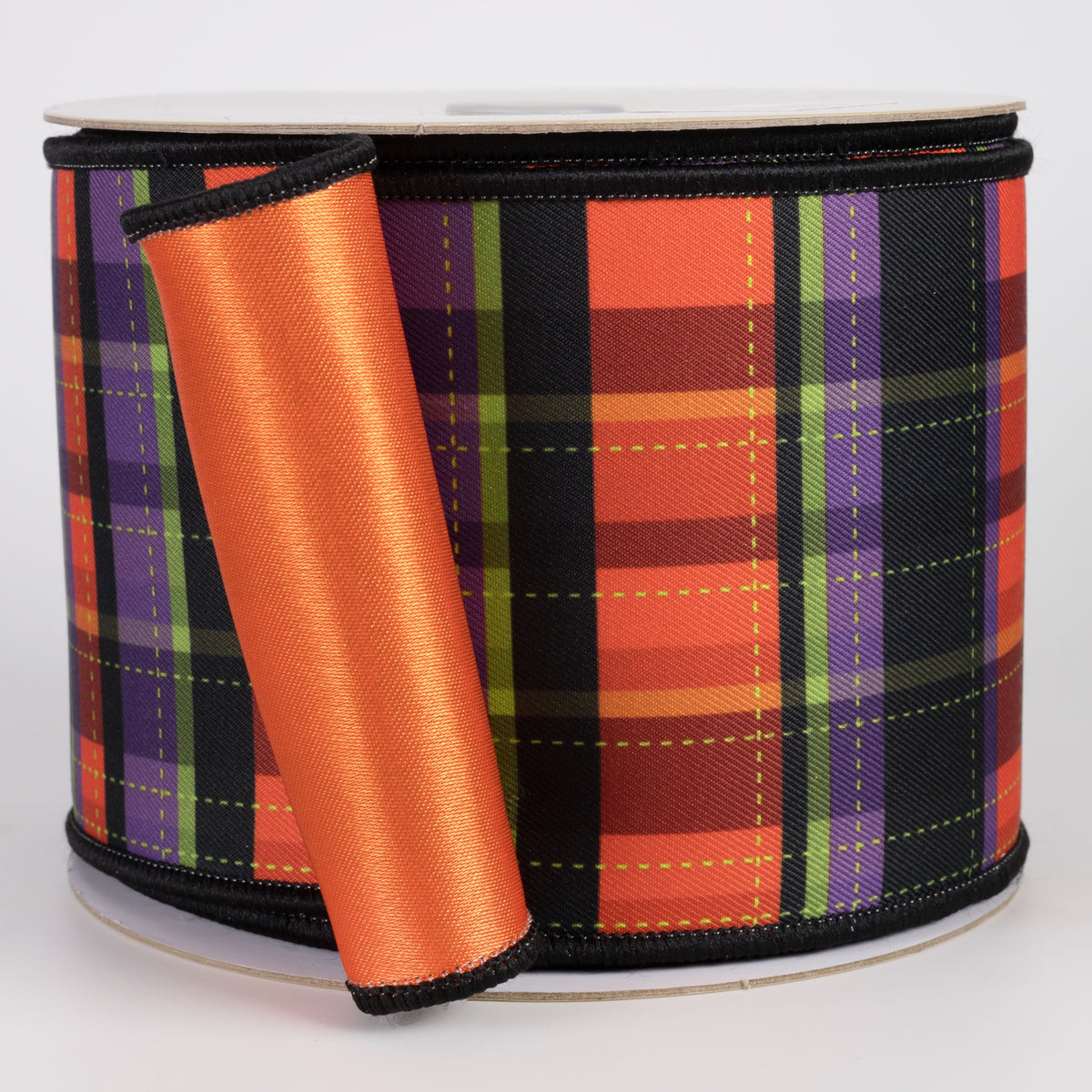 4" Double Sided Fused Dashed Plaid Ribbon: Halloween (10 Yards) Item Number: LX1295YR
