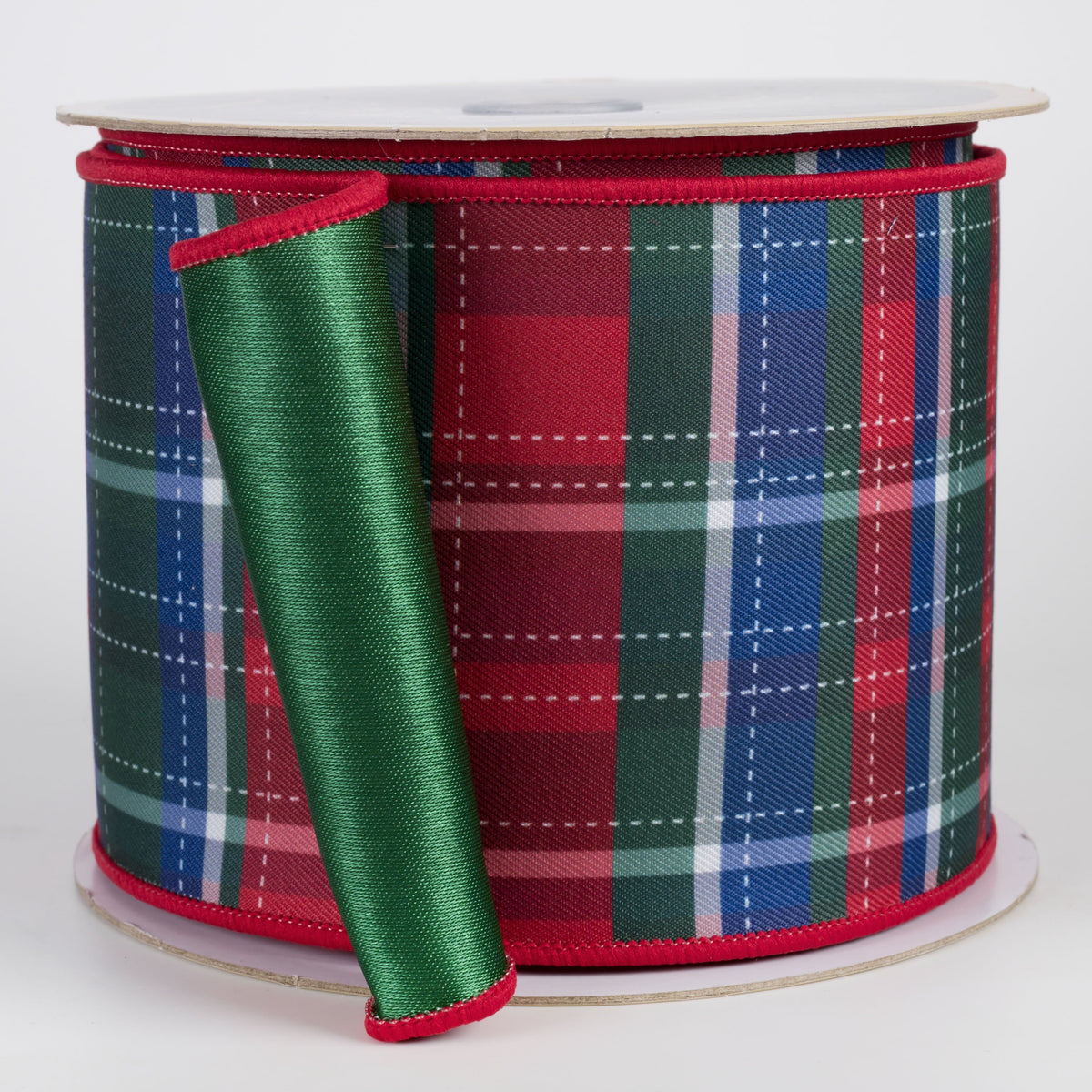 4" Double Sided Fused Dashed Plaid Ribbon: Preppy Christmas (10 Yards) Item Number: LX1286J5