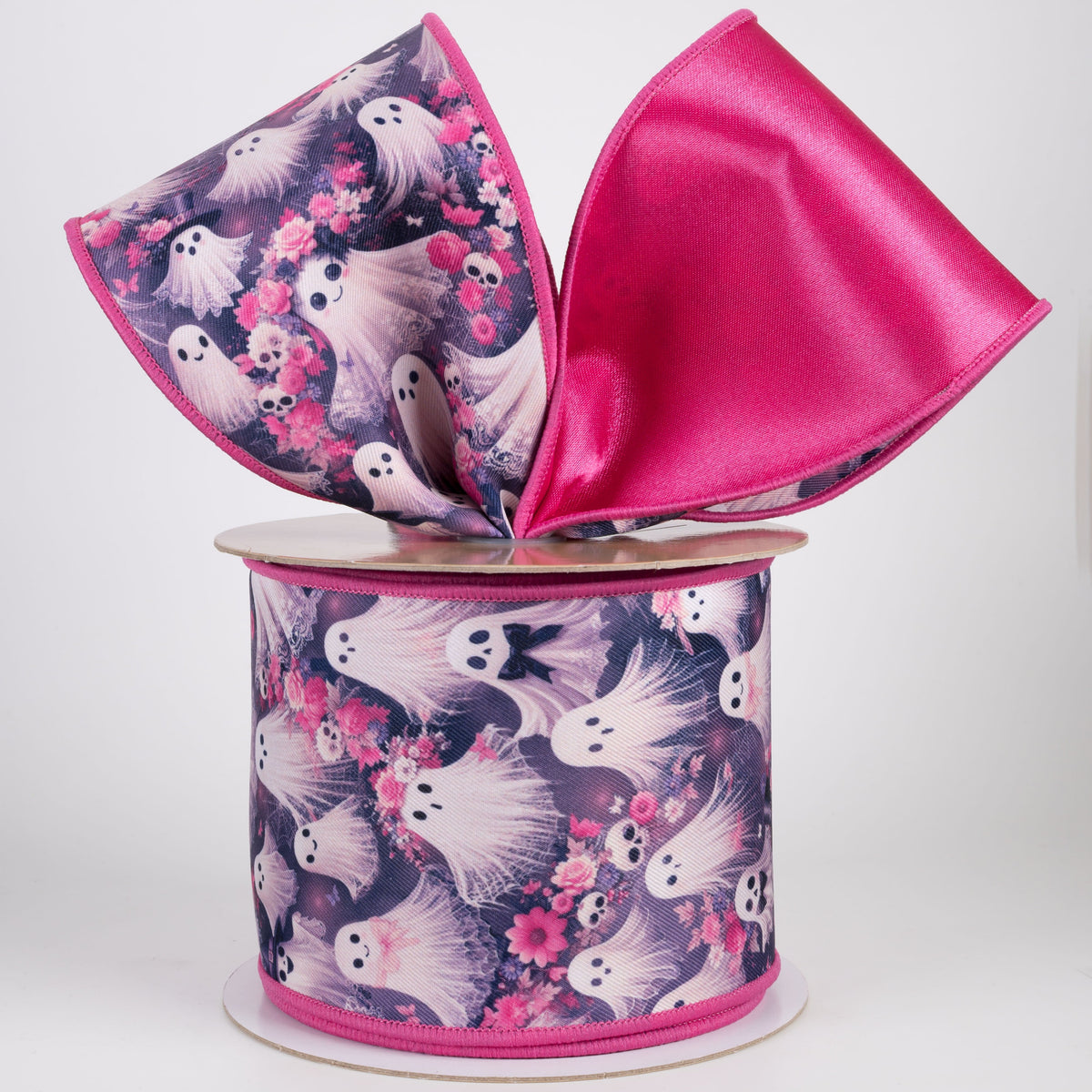 4" Double Sided Fused Fancy Ghosts & Floral Skulls Ribbon: Hot Pink (10 Yards) Lifestyle Photo