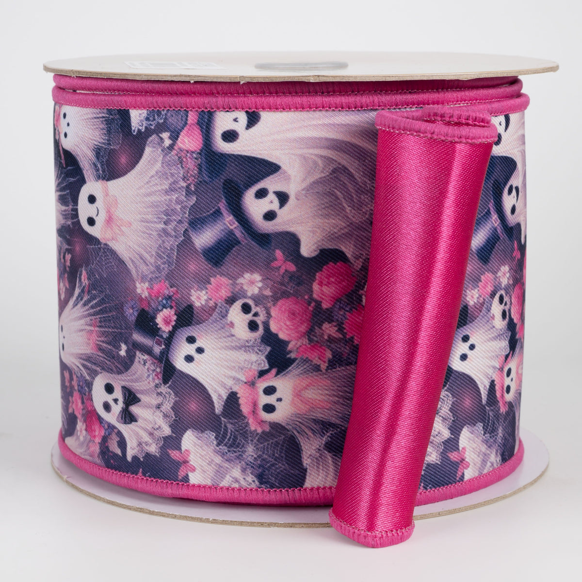 4" Double Sided Fused Fancy Ghosts & Floral Skulls Ribbon: Hot Pink (10 Yards) Item Number: LX1292J6