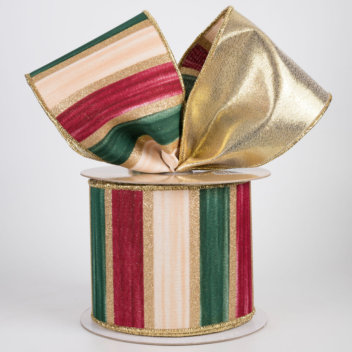 4" Double Sided Fused Glittered Watercolor Stripes Ribbon: Burgundy, Green & Cream (10 Yards) Lifestyle Photo