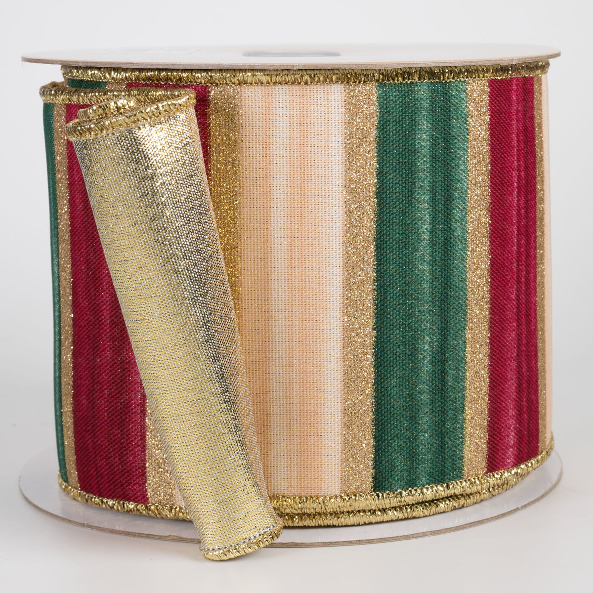 4" Double Sided Fused Glittered Watercolor Stripes Ribbon: Burgundy, Green & Cream (10 Yards) Item Number: LX334160
