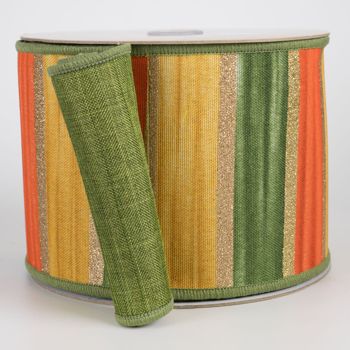 4" Double Sided Fused Glittered Watercolor Stripes Ribbon: Moss, Orange & Mustard (10 Yards) Item Number: LX3345C4
