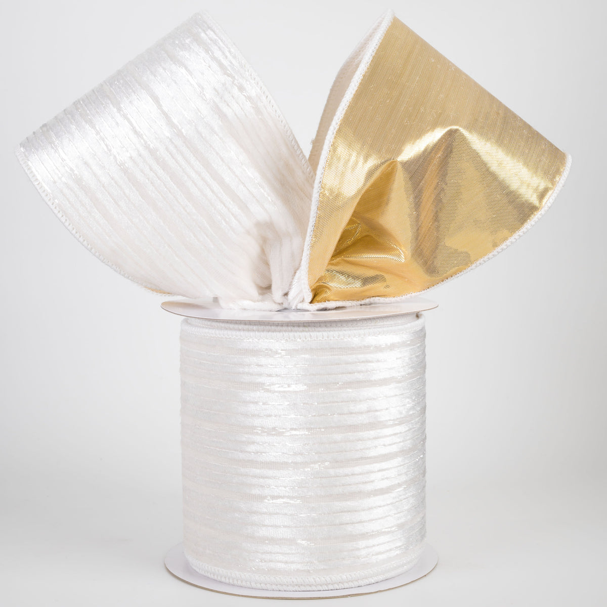 4" Double Sided Fused Striped Velvet Ribbon: White & Gold (10 Yards) Lifestyle Photo