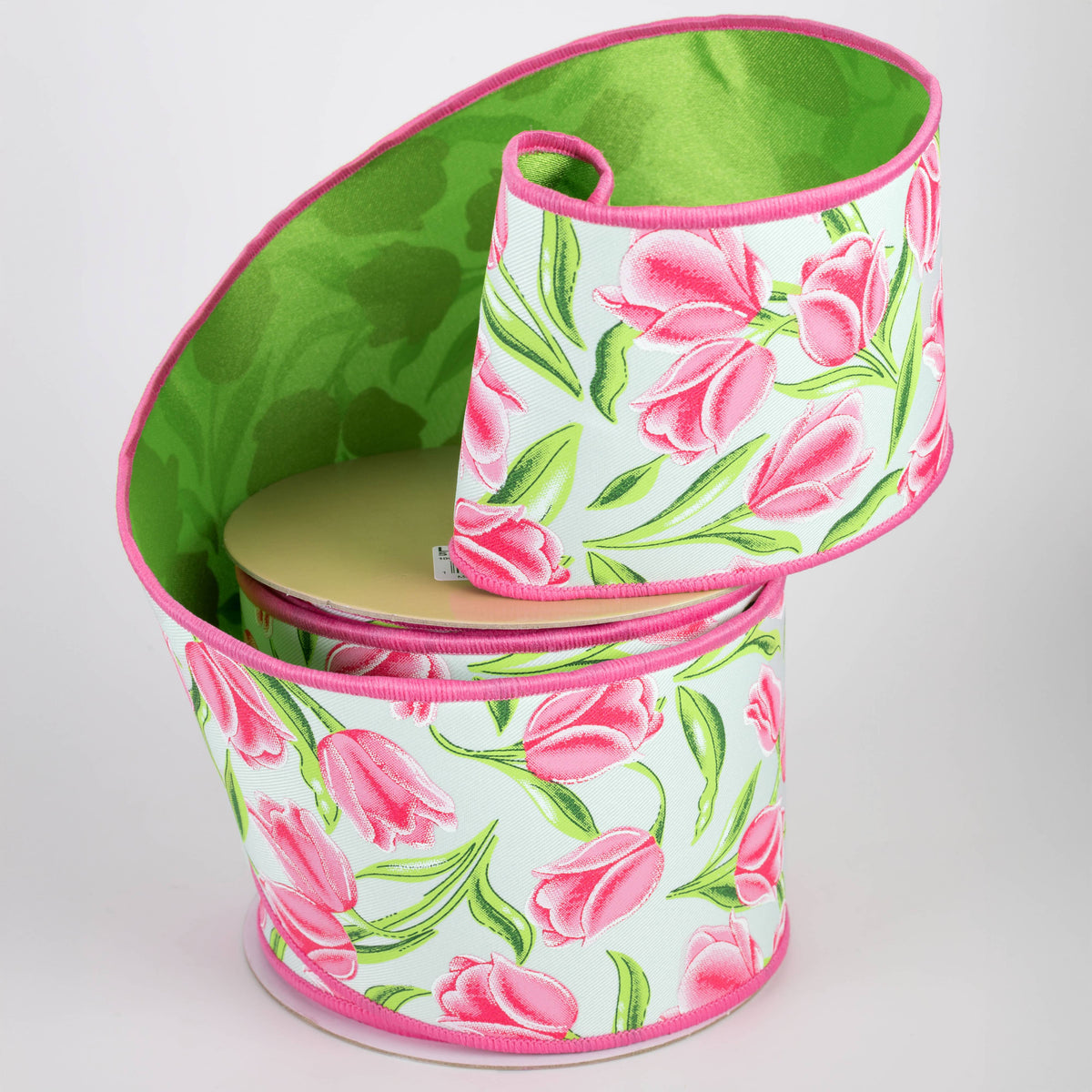 4" Double Sided Fused Tulips Ribbon: Pink & Green (10 Yards) Lifestyle Photo