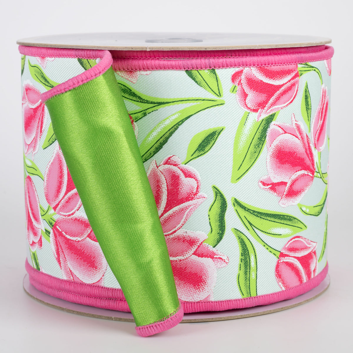 4" Double Sided Fused Tulips Ribbon: Pink & Green (10 Yards) Item Number: LX3320WT