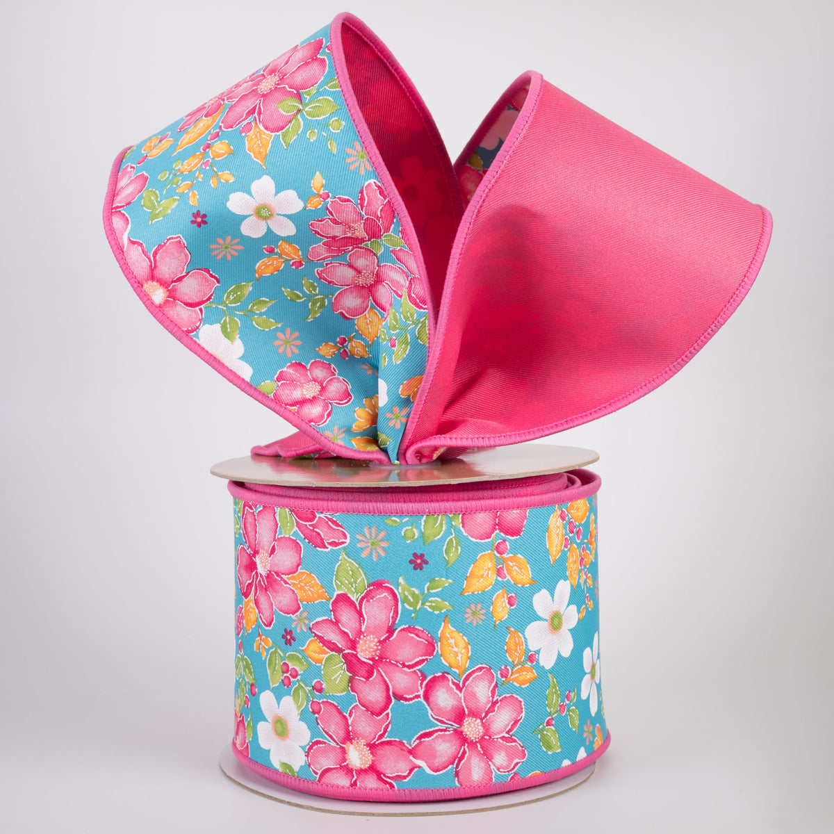 4" Double Sided Fused Watercolor Flowers Ribbon: Turquoise & Pink (10 Yards) Lifestyle Photo