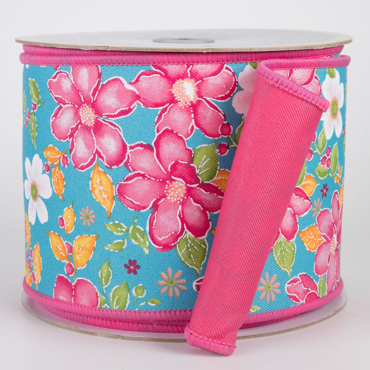 4" Double Sided Fused Watercolor Flowers Ribbon: Turquoise & Pink (10 Yards) Item Number: LX332334