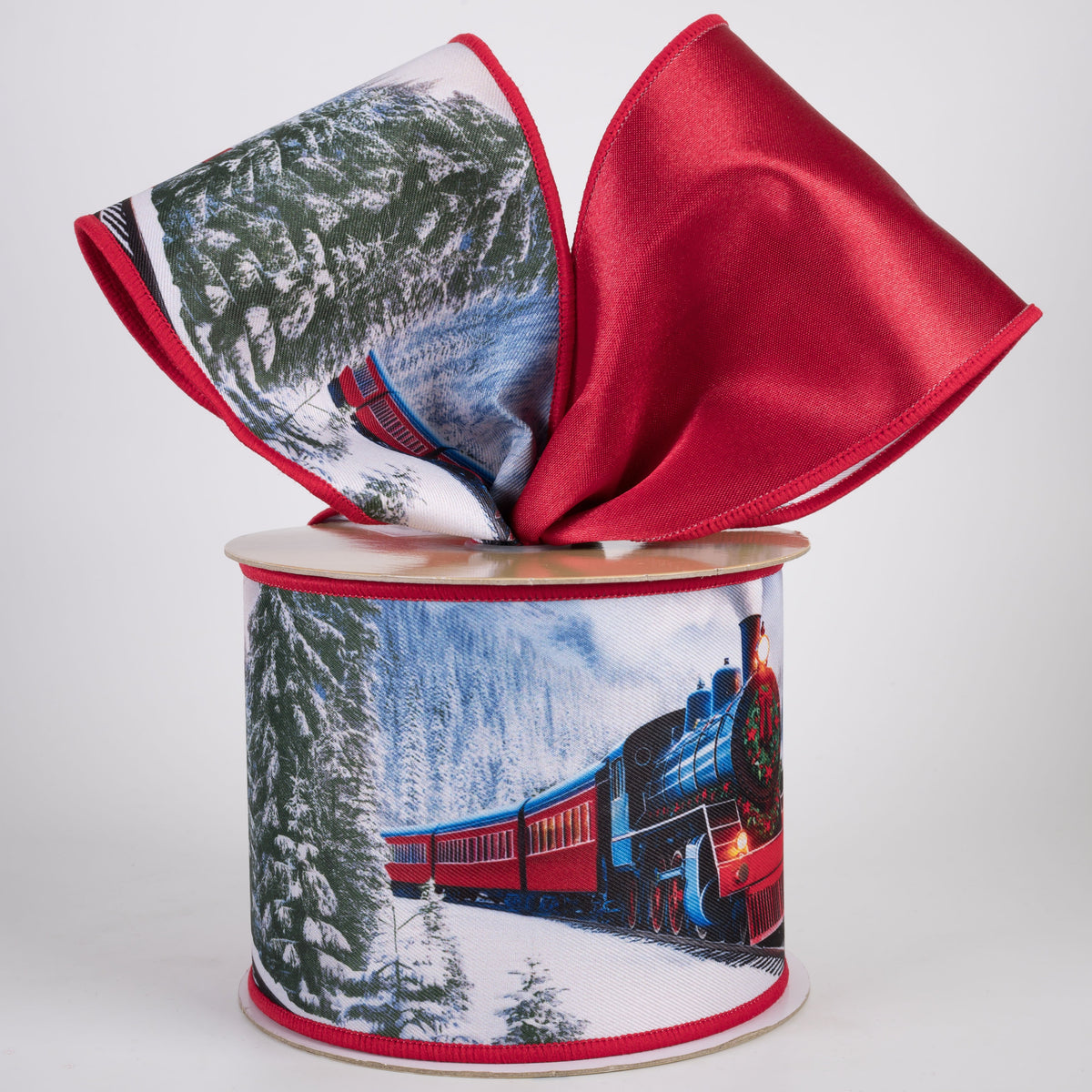 4" Double Sided Fused Winter Train Ribbon: Red (10 Yards) Lifestyle Photo