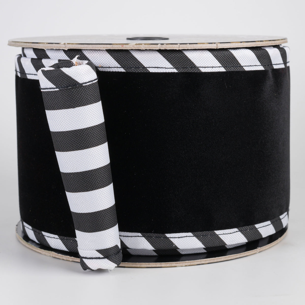 4" Double Sided Thick Flat Velvet & Cabana Stripe Ribbon: Black & White (5 Yards) Item Number: D73601-04-20