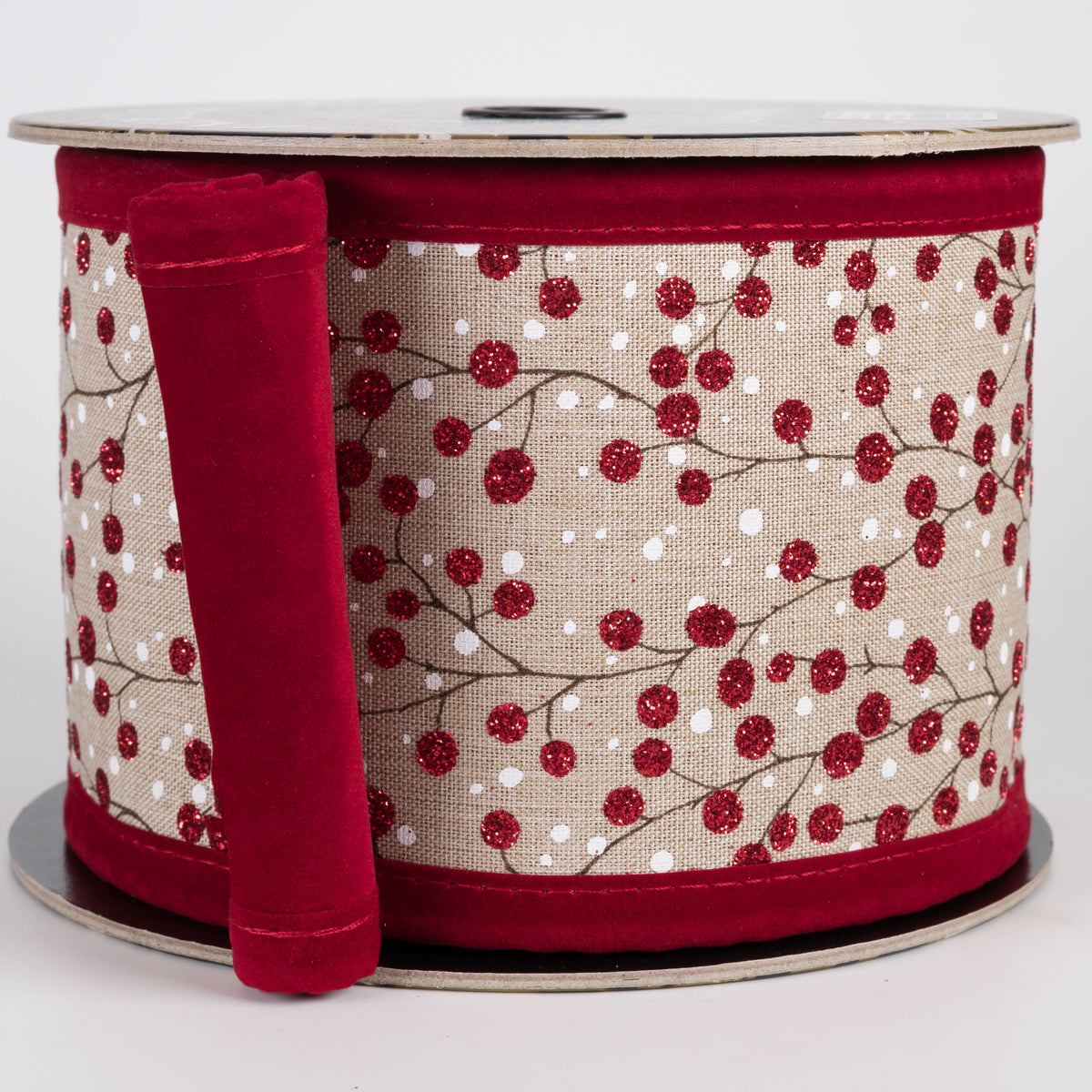 4" Double Sided Thick Linen Glitter Berries & Velvet Ribbon: Natural & Dark Red (5 Yards) Item Number: D73616-04-13
