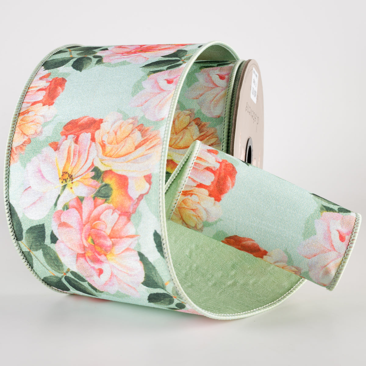 [D Stevens] 4" Dupioni Garden Roses Ribbon: Peach & Green (10 Yards) Lifestyle Photo