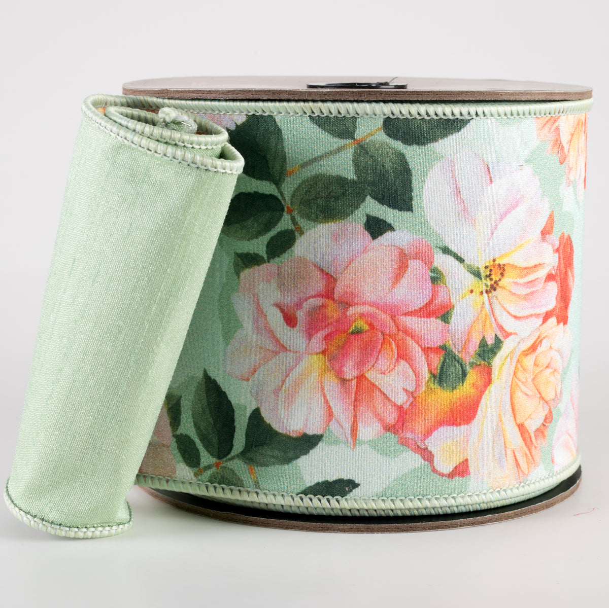 [D Stevens] 4" Dupioni Garden Roses Ribbon: Peach & Green (10 Yards) Item Number: 05-1021
