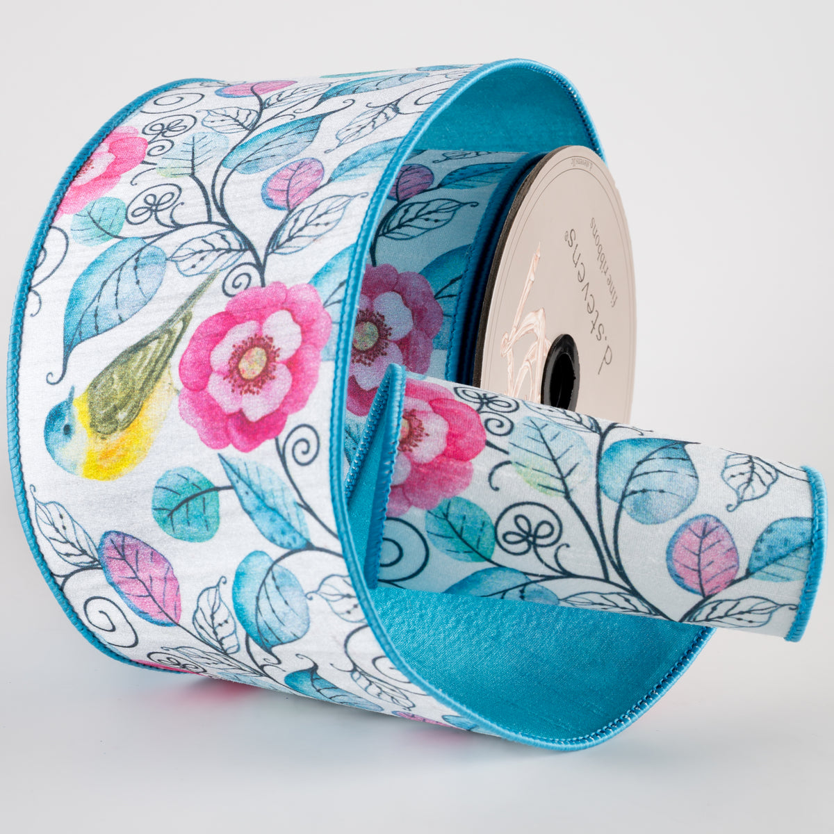 [D Stevens] 4" Dupioni Spring Floral & Birds Ribbon: Pink & Blue (10 Yards) Lifestyle Photo