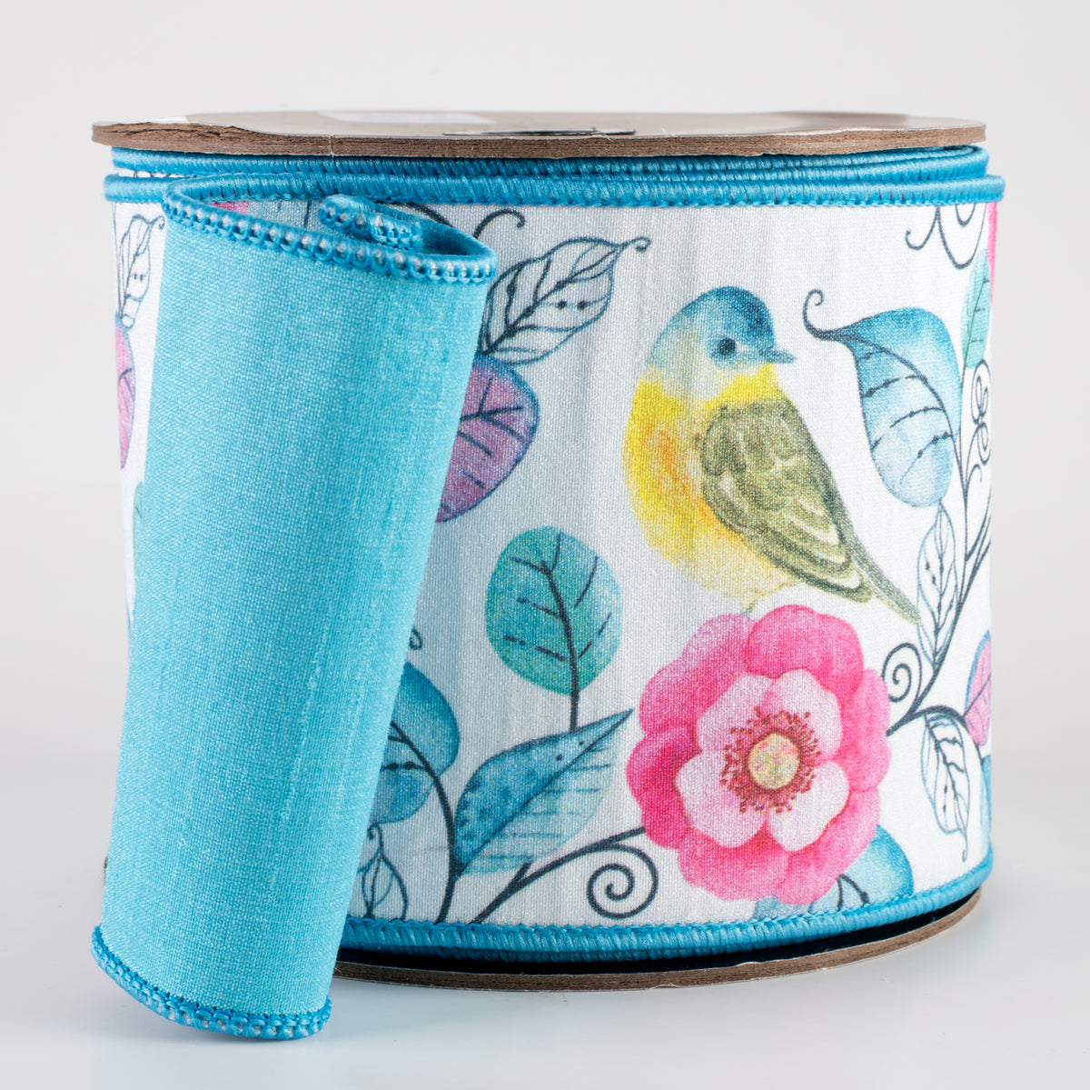 [D Stevens] 4" Dupioni Spring Floral & Birds Ribbon: Pink & Blue (10 Yards) Item Number: 05-1039