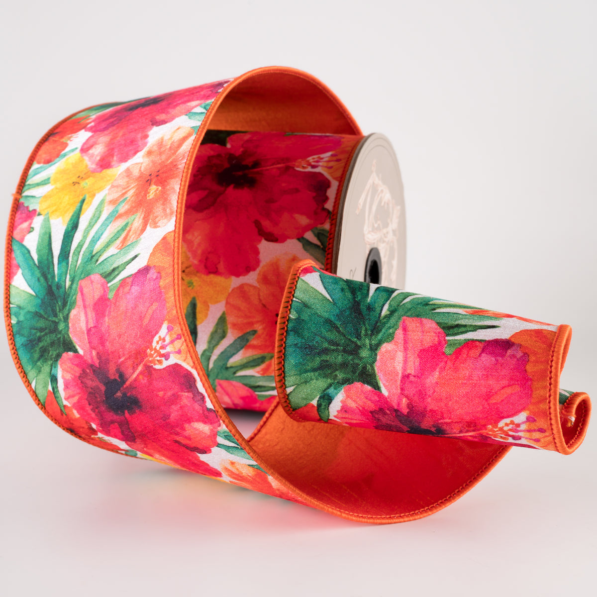 [D Stevens] 4" Dupioni Watercolor Hibiscus & Palms Ribbon: Pink & Orange (10 Yards) Lifestyle Photo